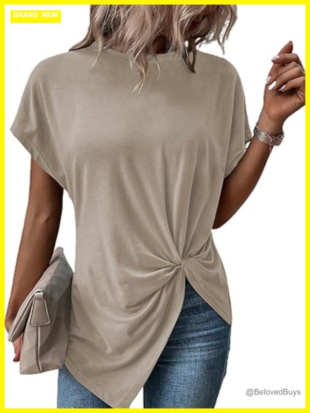 Asymmetrical Twist Front Knot Top Short Sleeve Tunic Tee Loose Fit